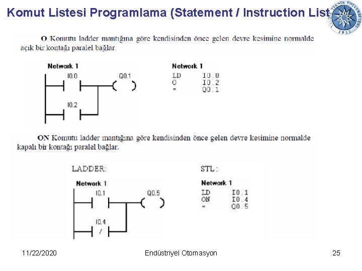 Komut Listesi Programlama (Statement / Instruction List 11/22/2020 Endüstriyel Otomasyon 25 