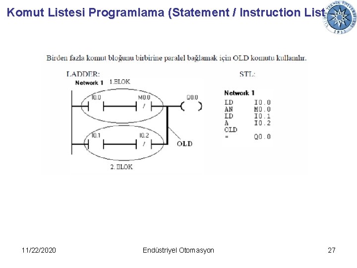 Komut Listesi Programlama (Statement / Instruction List 11/22/2020 Endüstriyel Otomasyon 27 