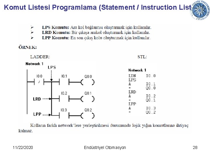 Komut Listesi Programlama (Statement / Instruction List 11/22/2020 Endüstriyel Otomasyon 28 