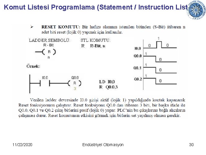 Komut Listesi Programlama (Statement / Instruction List 11/22/2020 Endüstriyel Otomasyon 30 