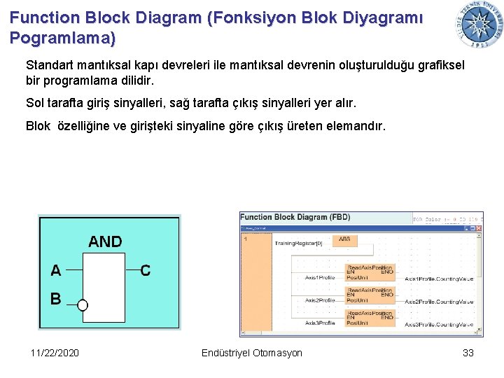 Function Block Diagram (Fonksiyon Blok Diyagramı Pogramlama) Standart mantıksal kapı devreleri ile mantıksal devrenin