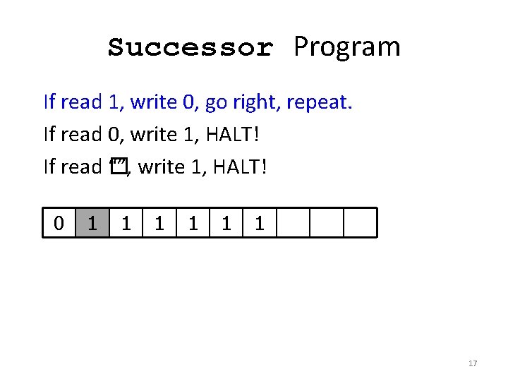 Successor Program If read 1, write 0, go right, repeat. If read 0, write