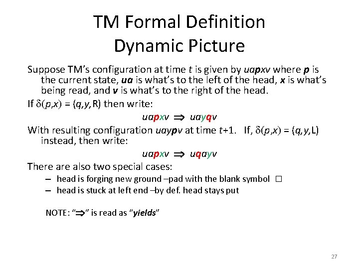 TM Formal Definition Dynamic Picture Suppose TM’s configuration at time t is given by