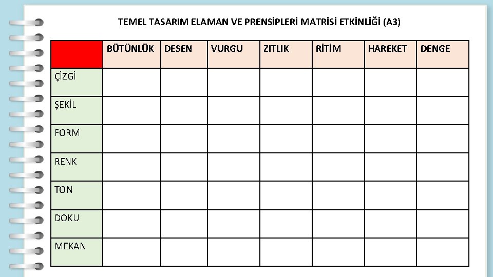 TEMEL TASARIM ELAMAN VE PRENSİPLERİ MATRİSİ ETKİNLİĞİ (A 3) BÜTÜNLÜK DESEN ÇİZGİ ŞEKİL FORM