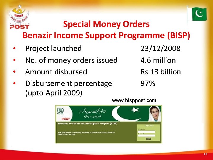 Special Money Orders Benazir Income Support Programme (BISP) • • Project launched No. of
