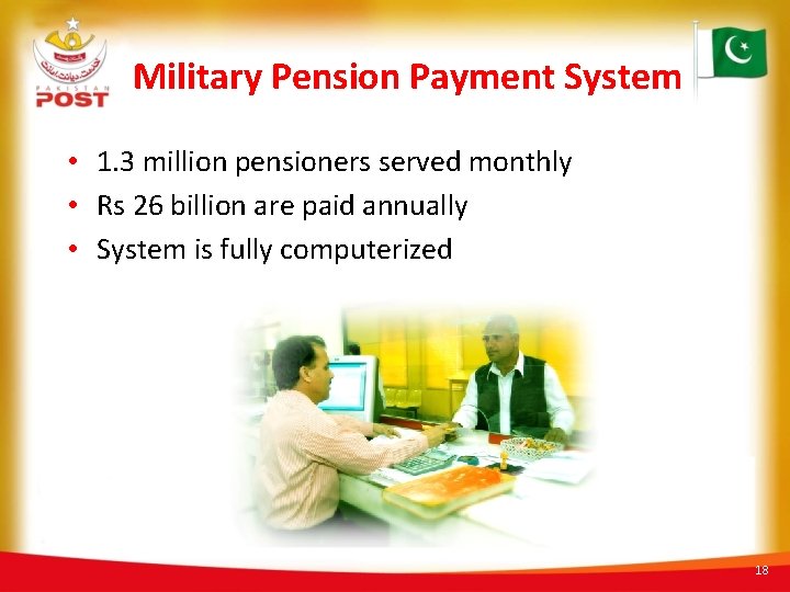Military Pension Payment System • 1. 3 million pensioners served monthly • Rs 26