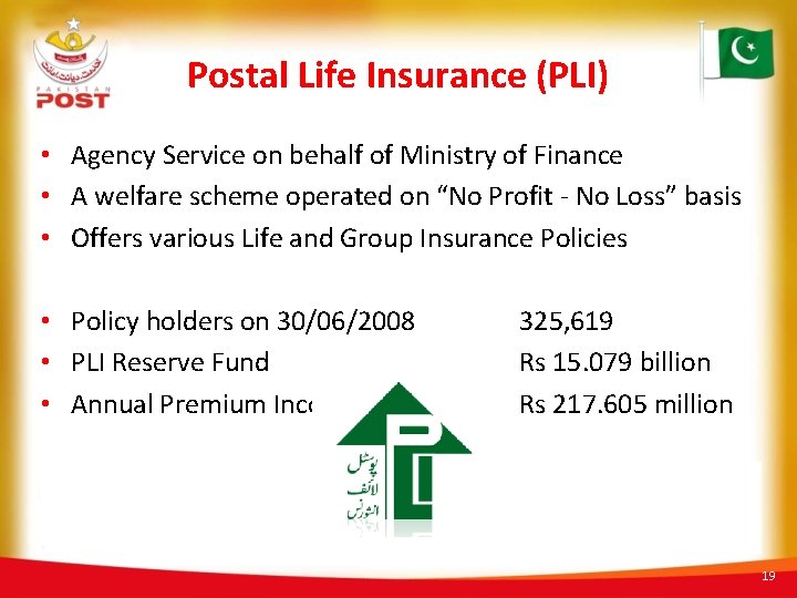 Postal Life Insurance (PLI) • Agency Service on behalf of Ministry of Finance •