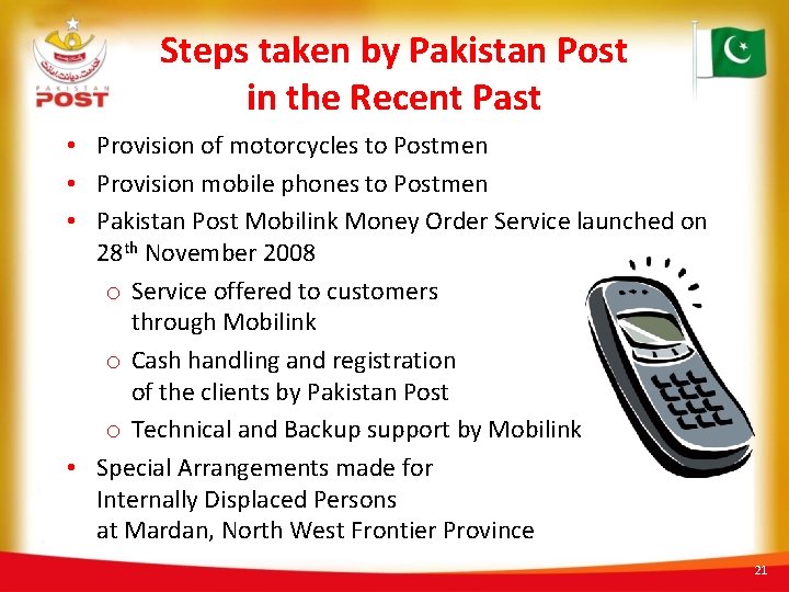 Steps taken by Pakistan Post in the Recent Past • Provision of motorcycles to