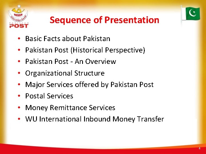Sequence of Presentation • • Basic Facts about Pakistan Post (Historical Perspective) Pakistan Post