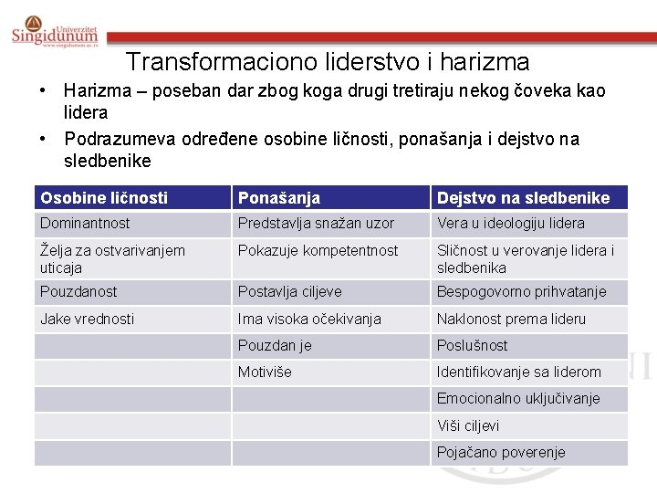 Transformaciono liderstvo i harizma • Harizma – poseban dar zbog koga drugi tretiraju nekog