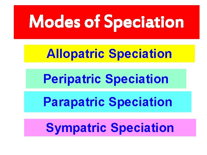 Modes of Speciation Allopatric Speciation Peripatric Speciation Parapatric Speciation Sympatric Speciation 