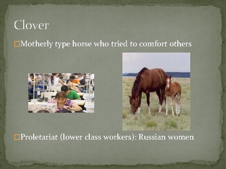 Clover �Motherly type horse who tried to comfort others �Proletariat (lower class workers): Russian