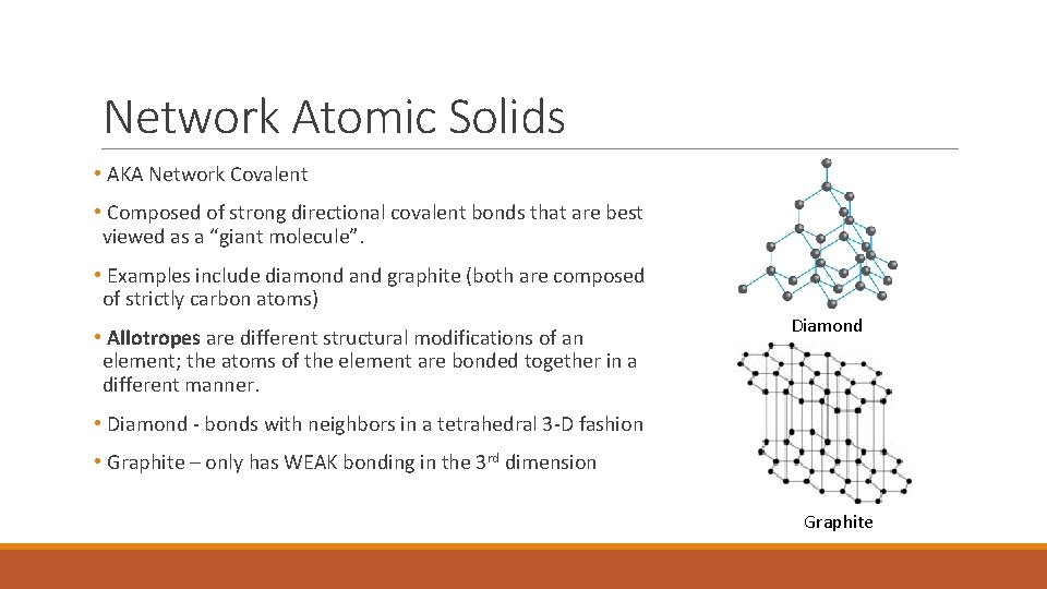 Network Atomic Solids • AKA Network Covalent • Composed of strong directional covalent bonds