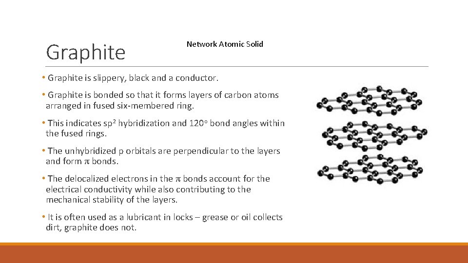 Graphite Network Atomic Solid • Graphite is slippery, black and a conductor. • Graphite