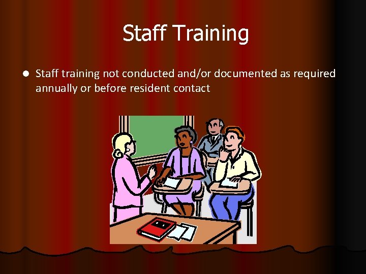 Staff Training l Staff training not conducted and/or documented as required annually or before