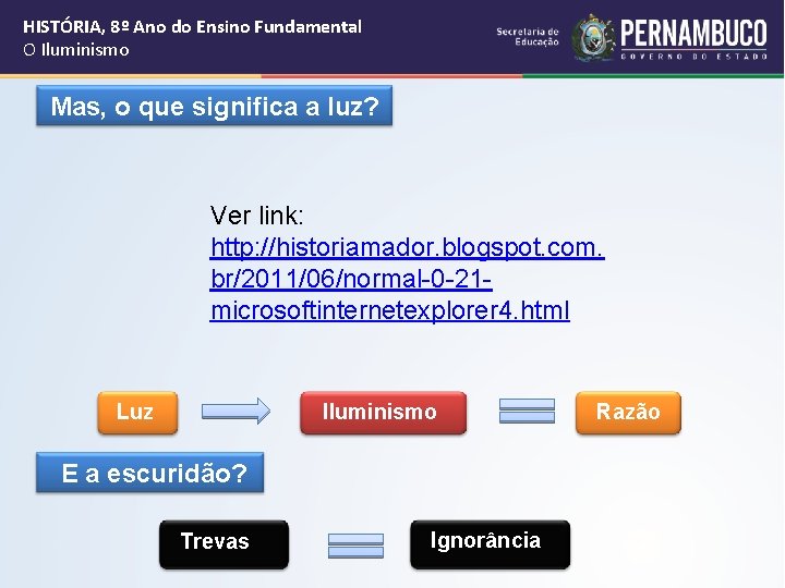 HISTÓRIA, 8º Ano do Ensino Fundamental O Iluminismo Mas, o que significa a luz? HISTÓRIA, 8º Ano do Ensino Fundamental O Iluminismo Mas, o que significa a luz?