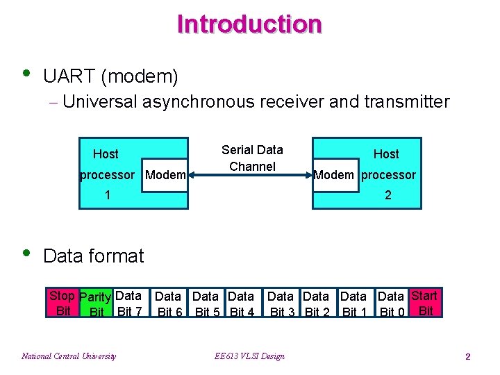 Introduction • UART (modem) - Universal asynchronous receiver and transmitter Host processor Modem Serial