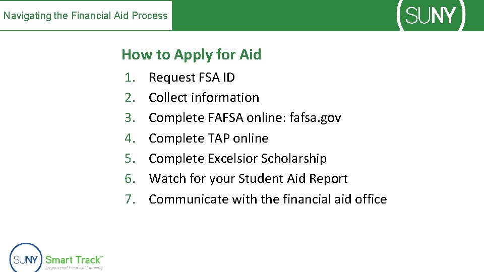 Navigating the Financial Aid Process How to Apply for Aid 1. 2. 3. 4.