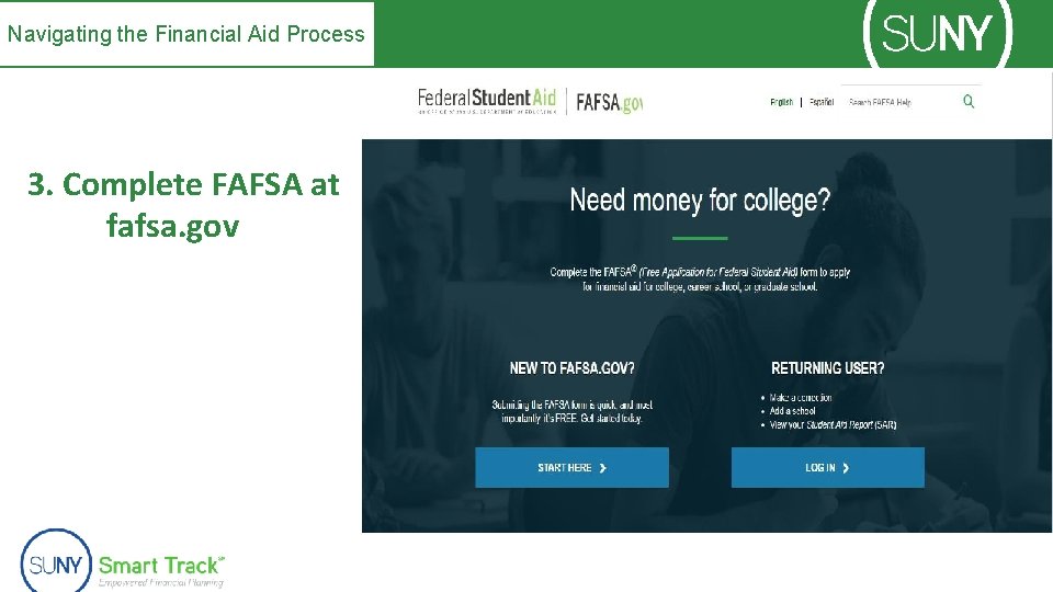 Navigating the Financial Aid Process 3. Complete FAFSA at fafsa. gov 