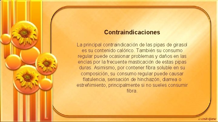 Contraindicaciones La principal contraindicación de las pipas de girasol es su contenido calórico. También