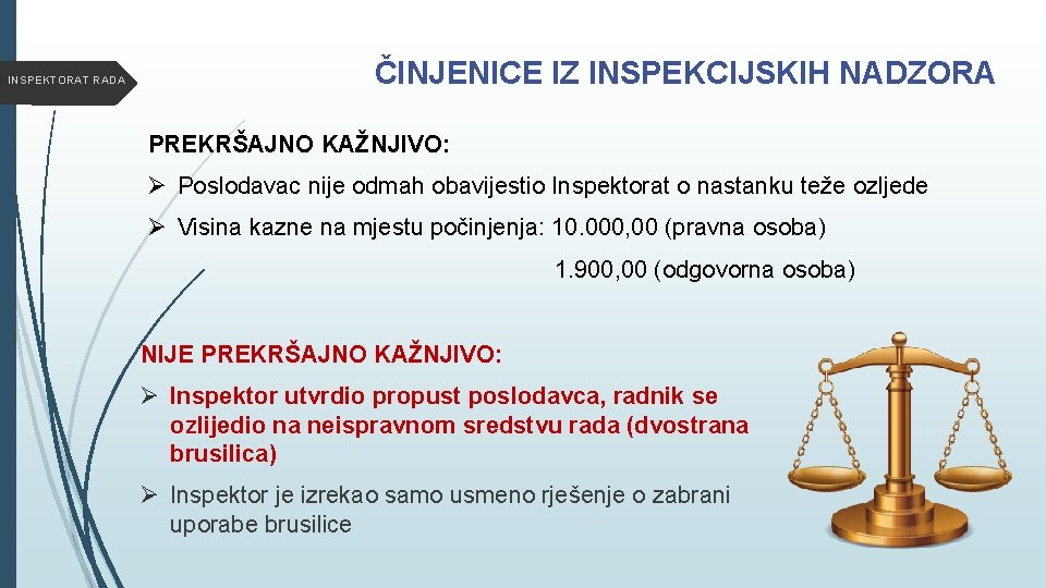 INSPEKTORAT RADA ČINJENICE IZ INSPEKCIJSKIH NADZORA PREKRŠAJNO KAŽNJIVO: Ø Poslodavac nije odmah obavijestio Inspektorat