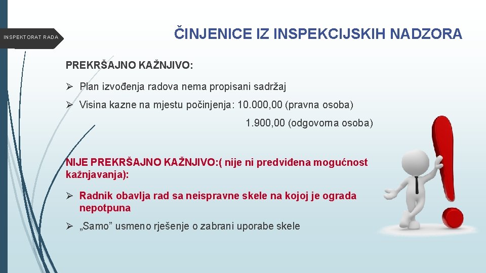 INSPEKTORAT RADA ČINJENICE IZ INSPEKCIJSKIH NADZORA PREKRŠAJNO KAŽNJIVO: Ø Plan izvođenja radova nema propisani