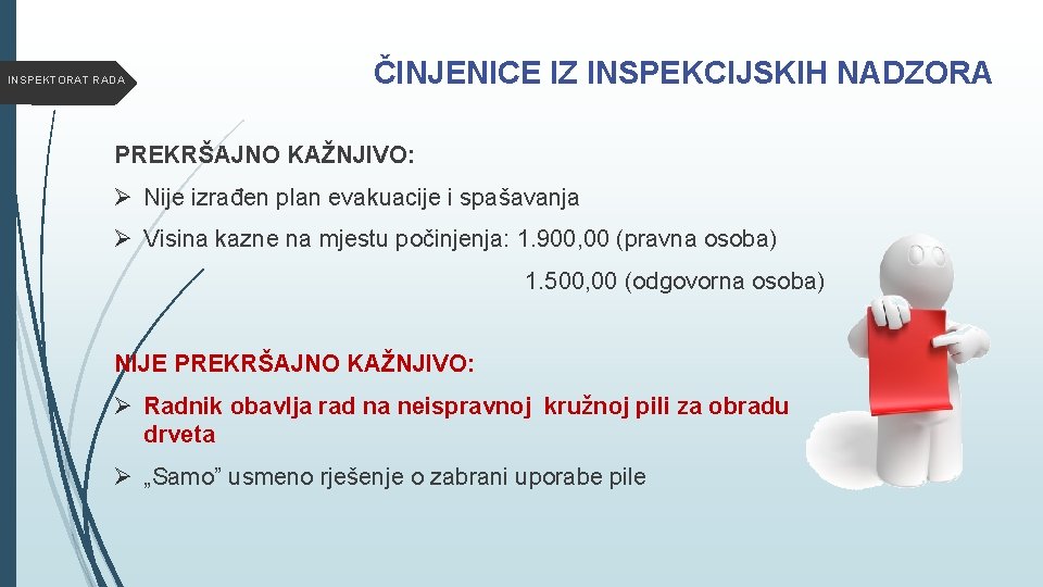 INSPEKTORAT RADA ČINJENICE IZ INSPEKCIJSKIH NADZORA PREKRŠAJNO KAŽNJIVO: Ø Nije izrađen plan evakuacije i