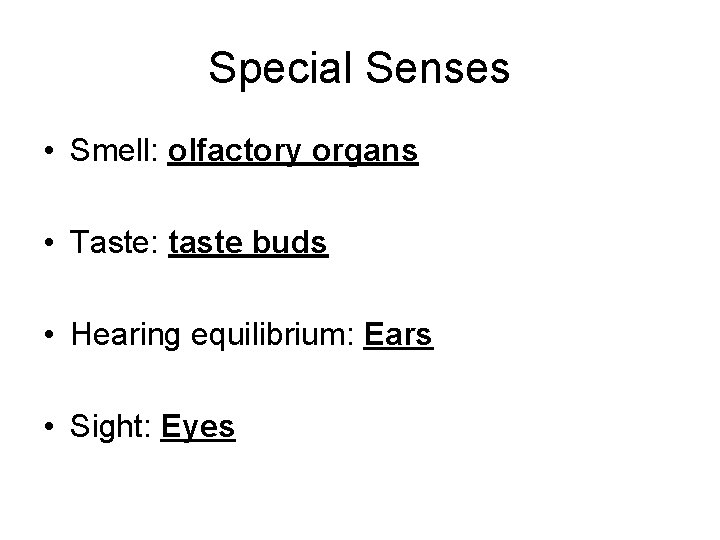 Special Senses • Smell: olfactory organs • Taste: taste buds • Hearing equilibrium: Ears