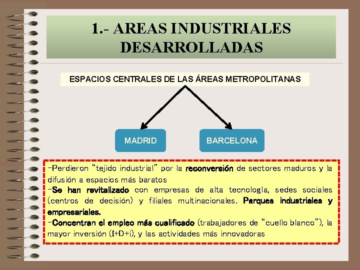 1. - AREAS INDUSTRIALES DESARROLLADAS ESPACIOS CENTRALES DE LAS ÁREAS METROPOLITANAS MADRID BARCELONA -Perdieron