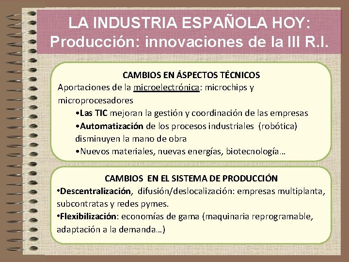 LA INDUSTRIA ESPAÑOLA HOY: Producción: innovaciones de la III R. I. CAMBIOS EN ÁSPECTOS