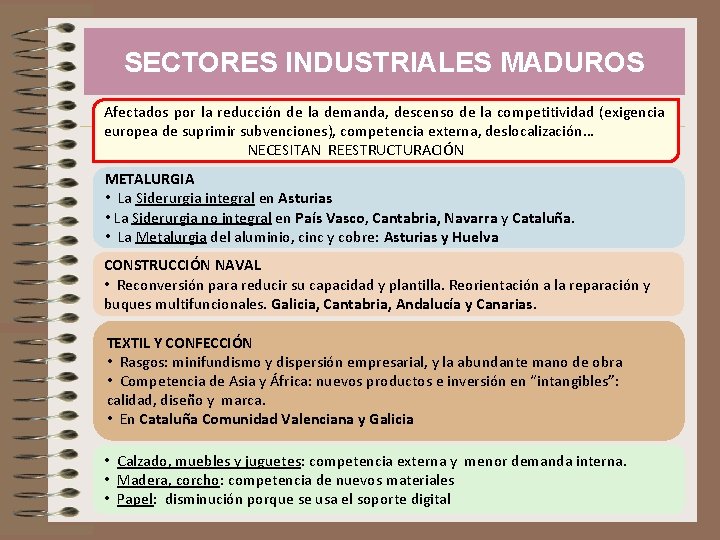 SECTORES INDUSTRIALES MADUROS Afectados por la reducción de la demanda, descenso de la competitividad