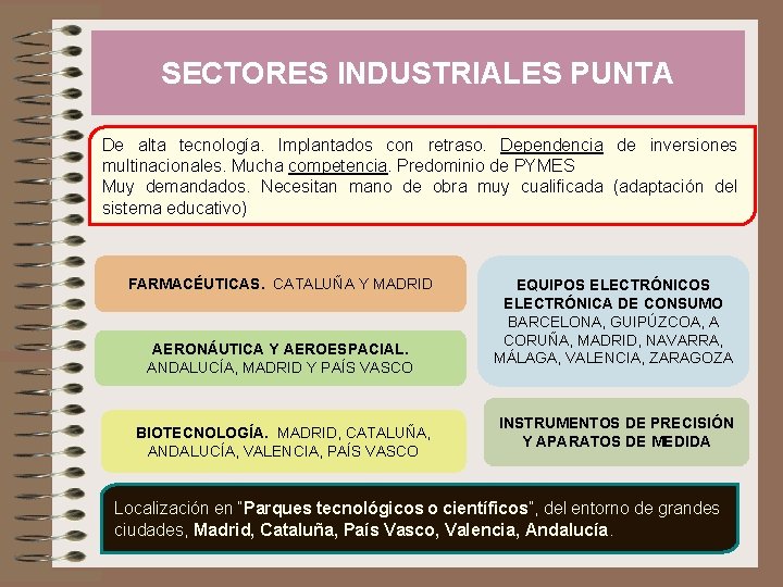 SECTORES INDUSTRIALES PUNTA De alta tecnología. Implantados con retraso. Dependencia de inversiones multinacionales. Mucha