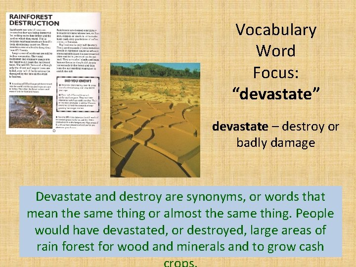 Vocabulary Word Focus: “devastate” devastate – destroy or badly damage Devastate and destroy are Vocabulary Word Focus: “devastate” devastate – destroy or badly damage Devastate and destroy are