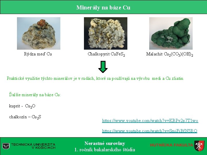 Minerály na báze Cu Rýdza meď Cu Chalkopyrit Cu. Fe. S 2 Malachit Cu