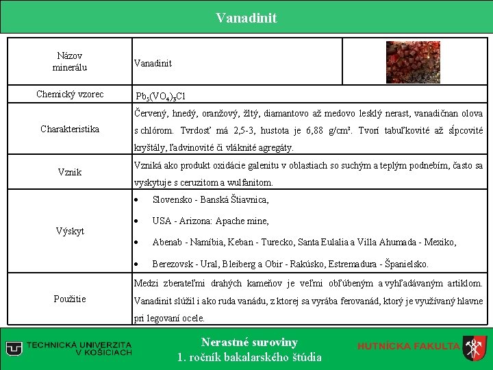 Vanadinit Názov minerálu Chemický vzorec Vanadinit Pb 5(VO 4)3 Cl Červený, hnedý, oranžový, žltý,