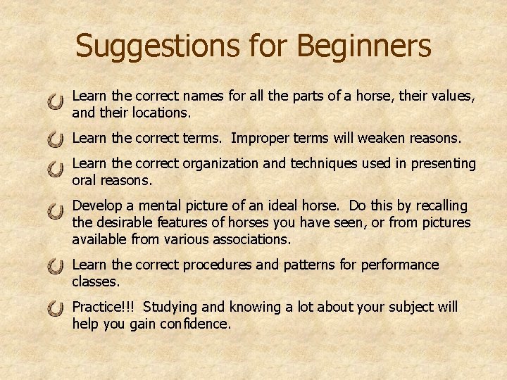 Suggestions for Beginners Learn the correct names for all the parts of a horse,