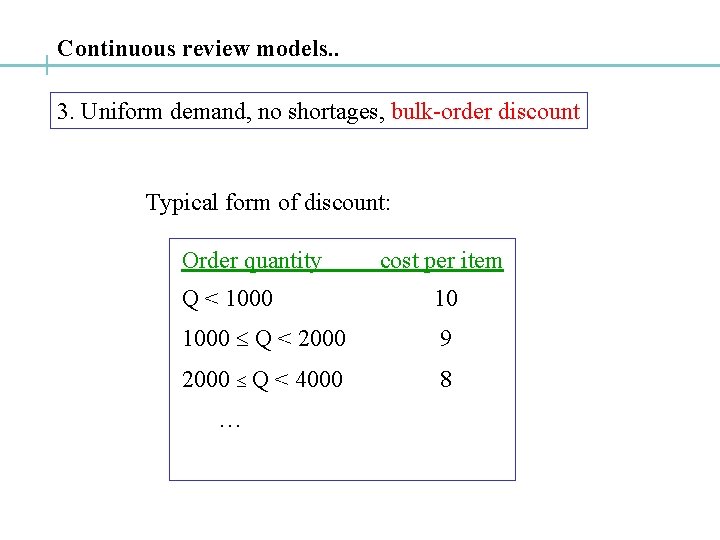 Continuous review models. . 3. Uniform demand, no shortages, bulk-order discount Typical form of