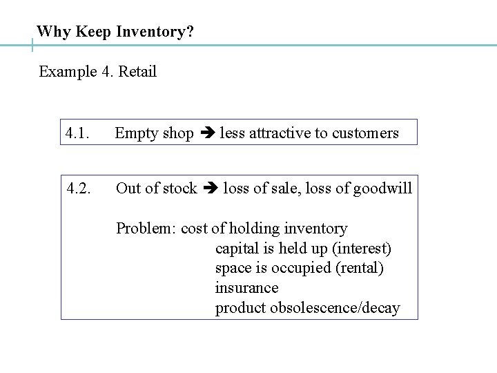 Why Keep Inventory? Example 4. Retail 4. 1. Empty shop less attractive to customers