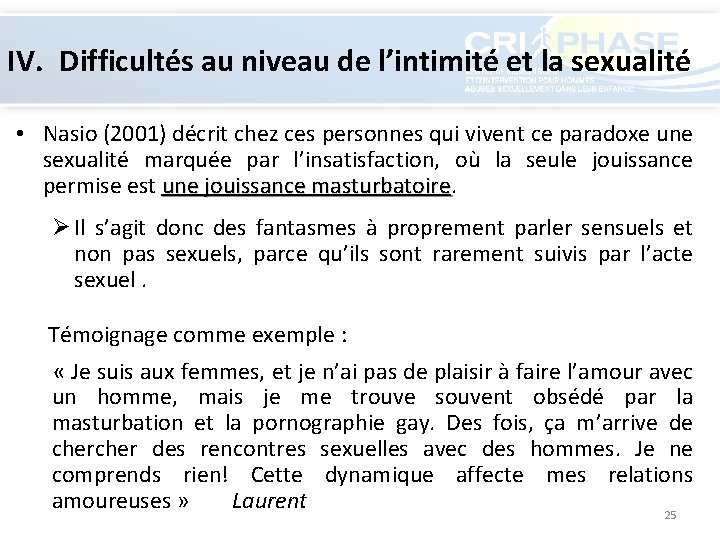 IV. Difficultés au niveau de l’intimité et la sexualité • Nasio (2001) décrit chez