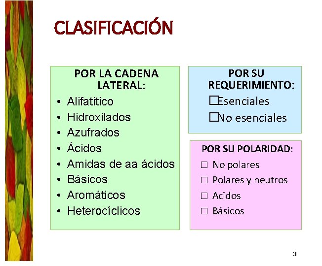 CLASIFICACIÓN POR LA CADENA LATERAL: • • Alifatitico Hidroxilados Azufrados Ácidos Amidas de aa