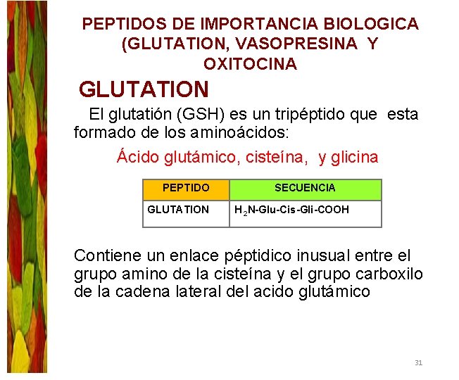 PEPTIDOS DE IMPORTANCIA BIOLOGICA (GLUTATION, VASOPRESINA Y OXITOCINA GLUTATION El glutatión (GSH) es un