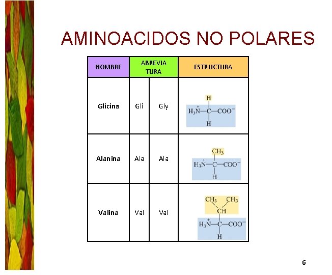 AMINOACIDOS NO POLARES NOMBRE ABREVIA TURA Glicina Gli Gly Alanina Ala Valina Val ESTRUCTURA