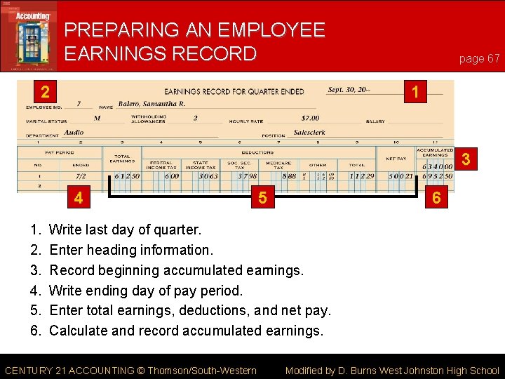 PREPARING AN EMPLOYEE EARNINGS RECORD 2 page 67 1 3 4 1. 2. 3.