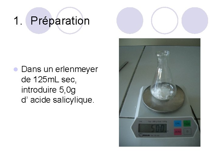 1. Préparation l Dans un erlenmeyer de 125 m. L sec, introduire 5, 0