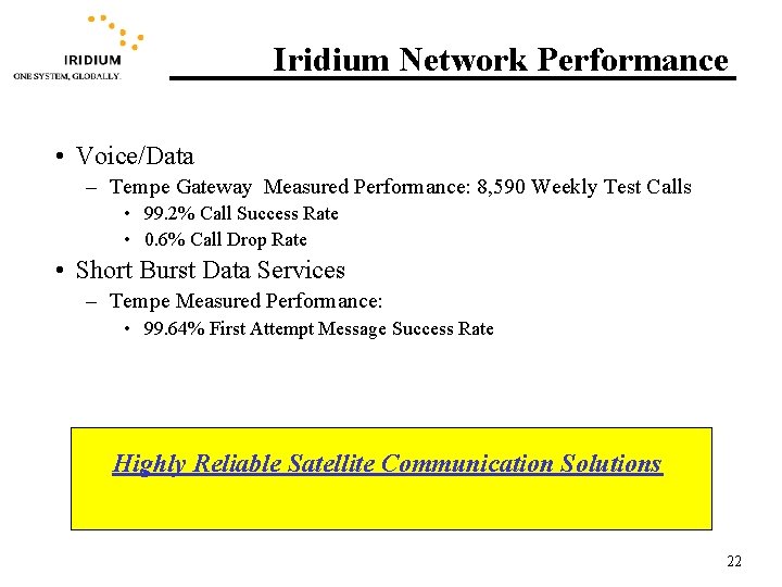 Iridium Network Performance • Voice/Data – Tempe Gateway Measured Performance: 8, 590 Weekly Test