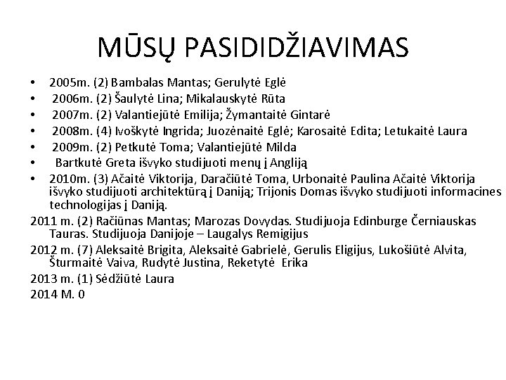 MŪSŲ PASIDIDŽIAVIMAS 2005 m. (2) Bambalas Mantas; Gerulytė Eglė 2006 m. (2) Šaulytė Lina;