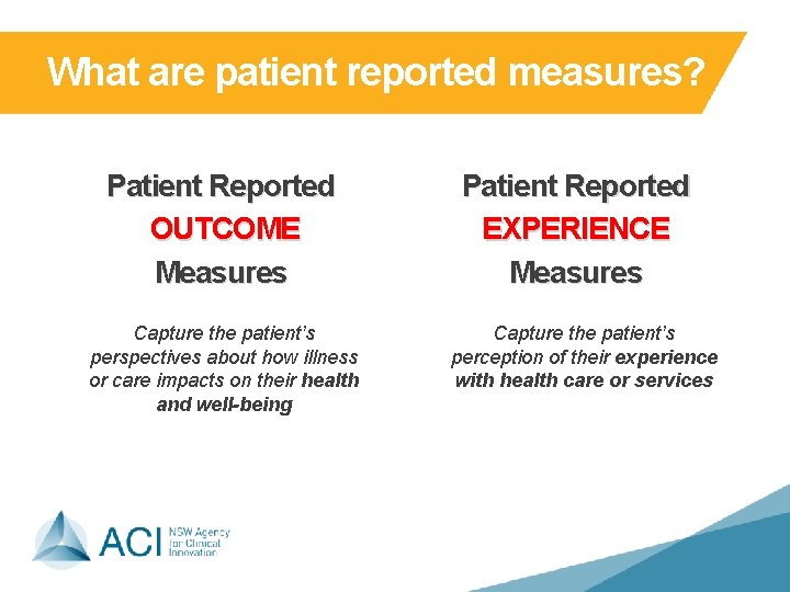What are patient reported measures? Patient Reported OUTCOME Measures Capture the patient’s perspectives about What are patient reported measures? Patient Reported OUTCOME Measures Capture the patient’s perspectives about