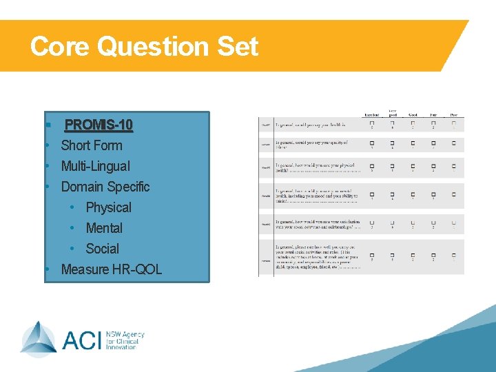 Core Question Set § • • • PROMIS-10 Short Form Multi-Lingual Domain Specific • Core Question Set § • • • PROMIS-10 Short Form Multi-Lingual Domain Specific •