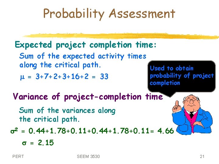 Probability Assessment Expected project completion time: Sum of the expected activity times along the