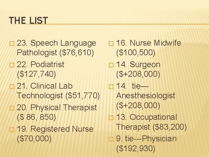 THE LIST 23. Speech Language Pathologist ($76, 610) � 22. Podiatrist ($127, 740) �